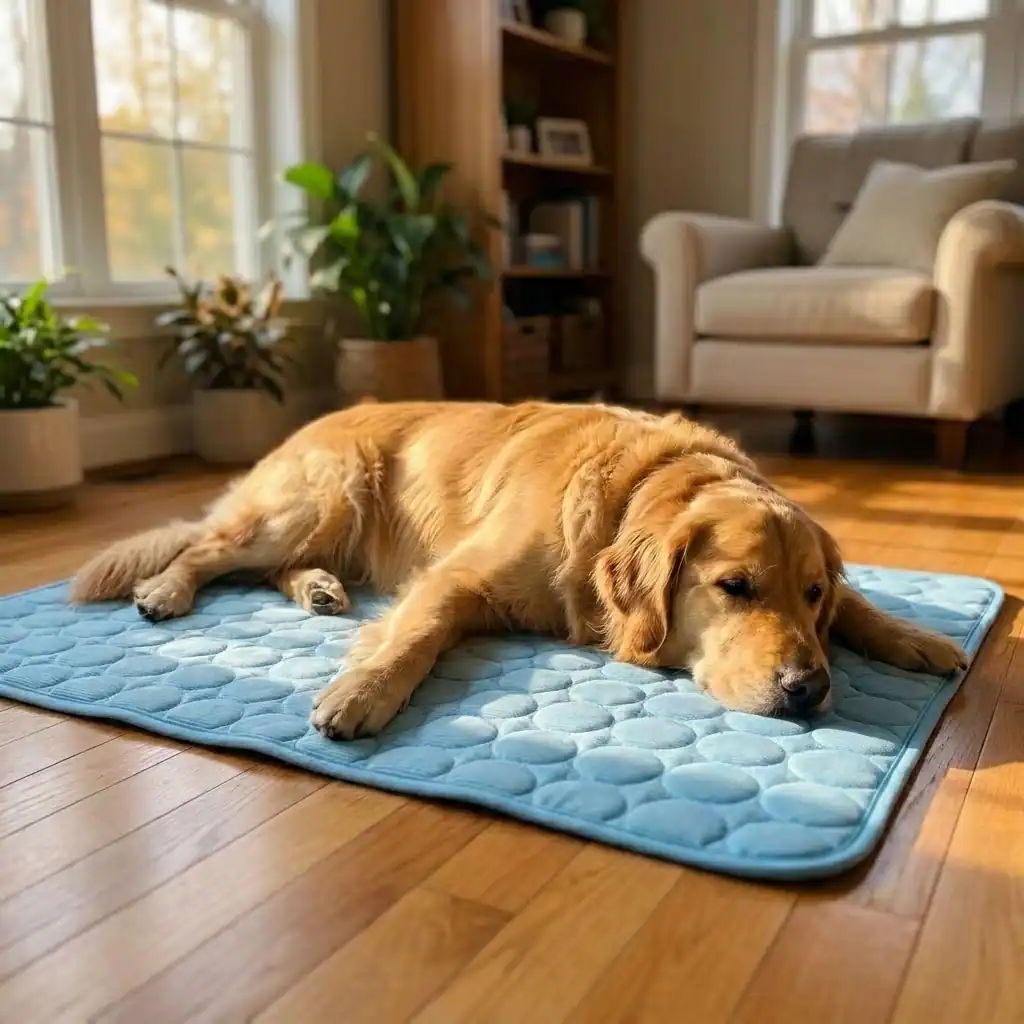Golden retriever napping peacefully on Aerofold cooling mat in living room